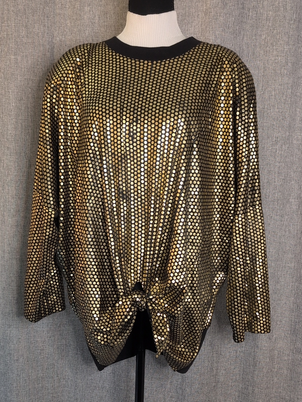 Vintage Metallic Gold Sequin Knit Tie-Front Women's Top